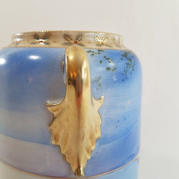 Antique Nippon 8.75" Vase Hand Painted Winter Scene Blue White Gold Tone Handles - Picture 11 of 16